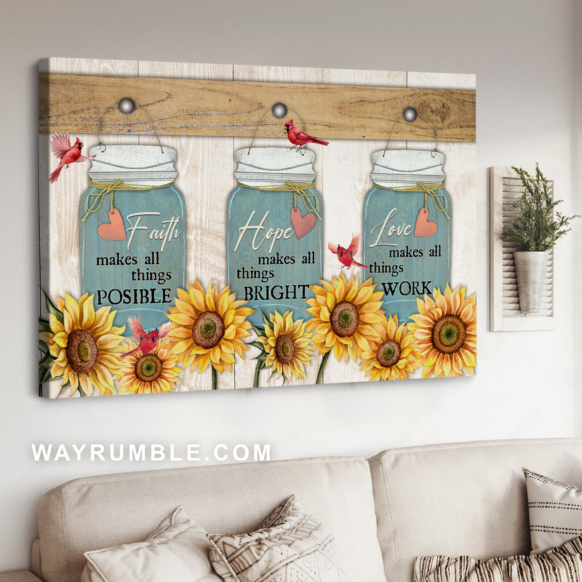Sunflower garden, Wish bottle, Cardinal drawing, Love makes all things work - Jesus Landscape Canvas Prints, Christian Wall Art