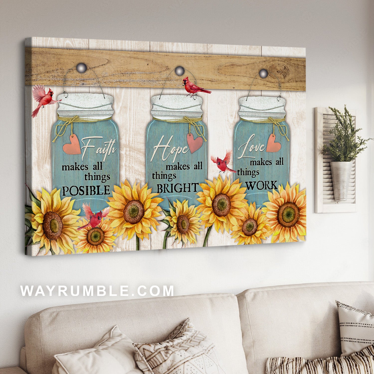 Sunflower garden, Wish bottle, Cardinal drawing, Love makes all things work - Jesus Landscape Canvas Prints, Christian Wall Art