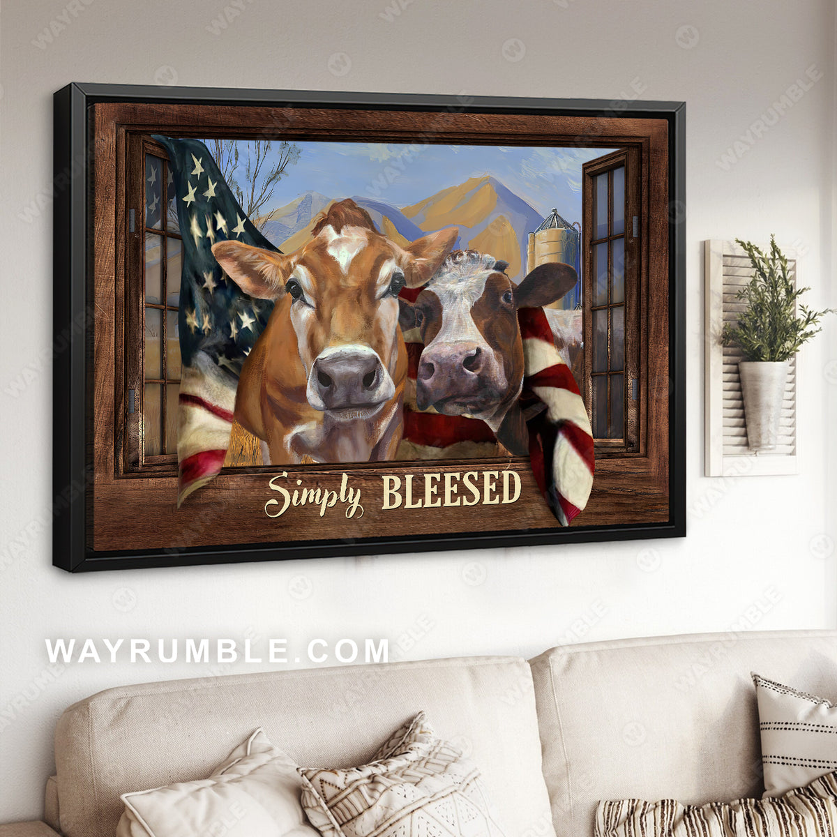 Lovely cow painting, US flag, Animal drawing, Simply blessed - Jesus Landscape Canvas Prints, Christian Wall Art