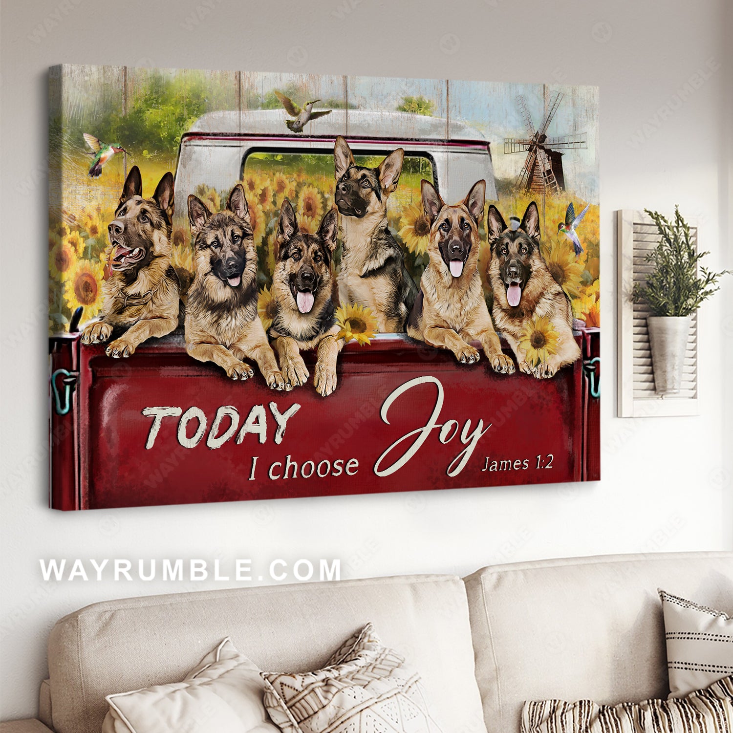 Amazing German Shepherd, Sunflower field, Hummingbird, Today I choose joy - Jesus Landscape Canvas Prints, Wall Art
