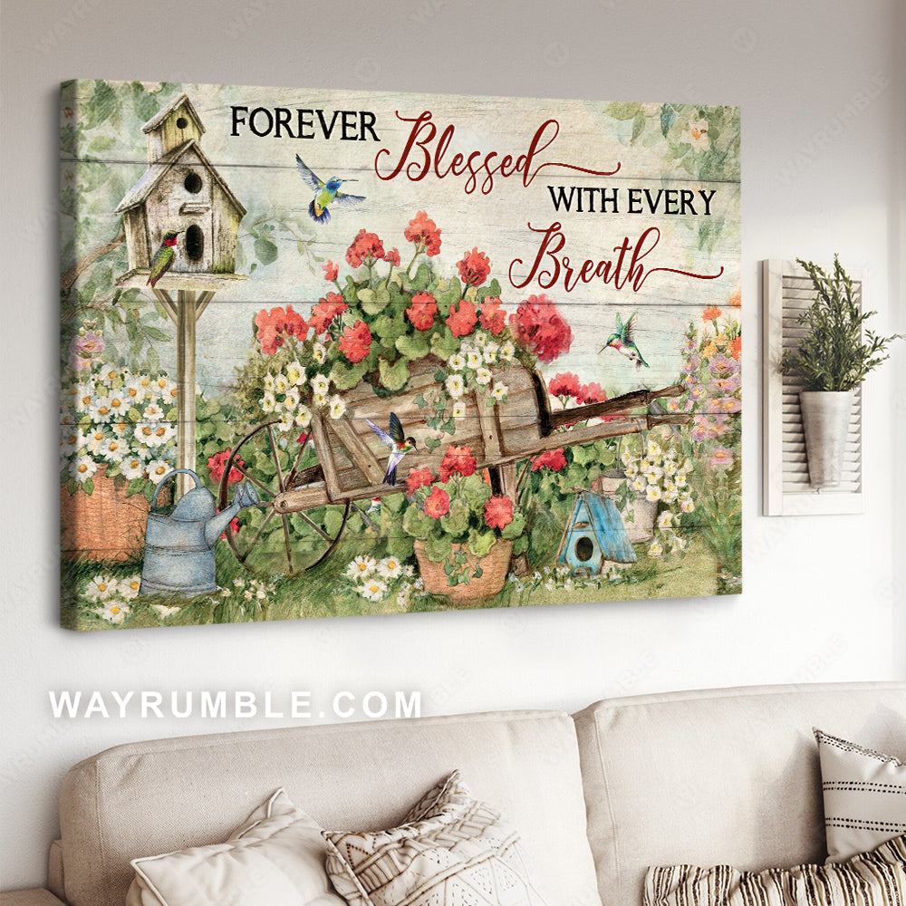 Watercolor flower, Pretty garden, Hummingbird, Forever blessed with every breath - Jesus Landscape Canvas Prints, Christian Wall Art