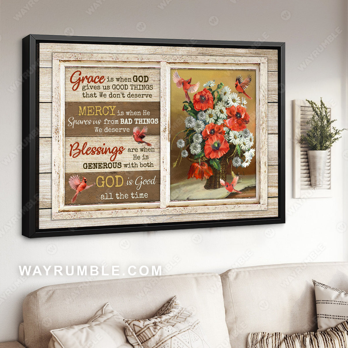 Still life painting, Red poppy painting, Baby daisy, Cardinal, God is good all the time - Jesus Landscape Canvas Prints, Christian Wall Art