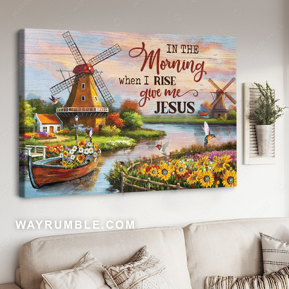 Pretty lake drawing, Colorful flower garden, Windmill, In the morning when I rise - Jesus Landscape Canvas Prints, Christian Wall Art