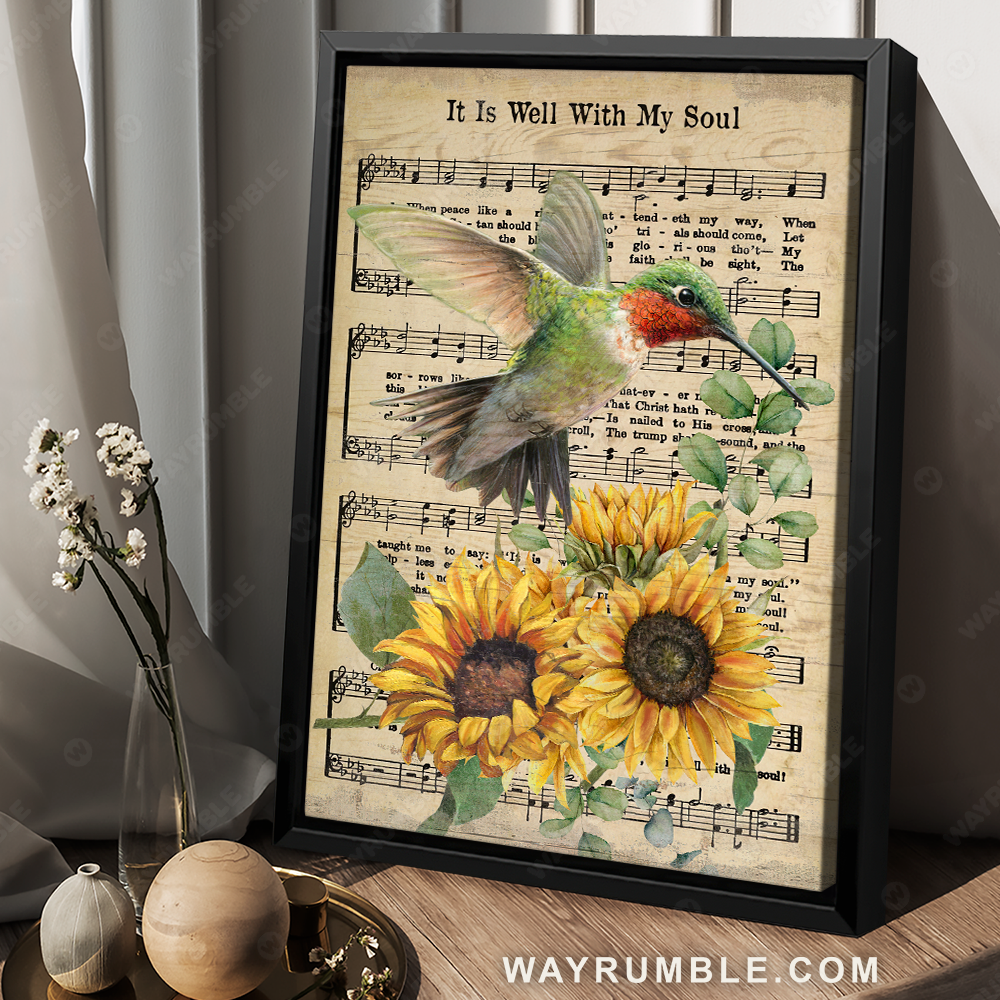 Beautiful hummingbird, Brilliant sunflower, Music sheet, It is well with my soul - Jesus Portrait Canvas Prints, Christian Wall Art