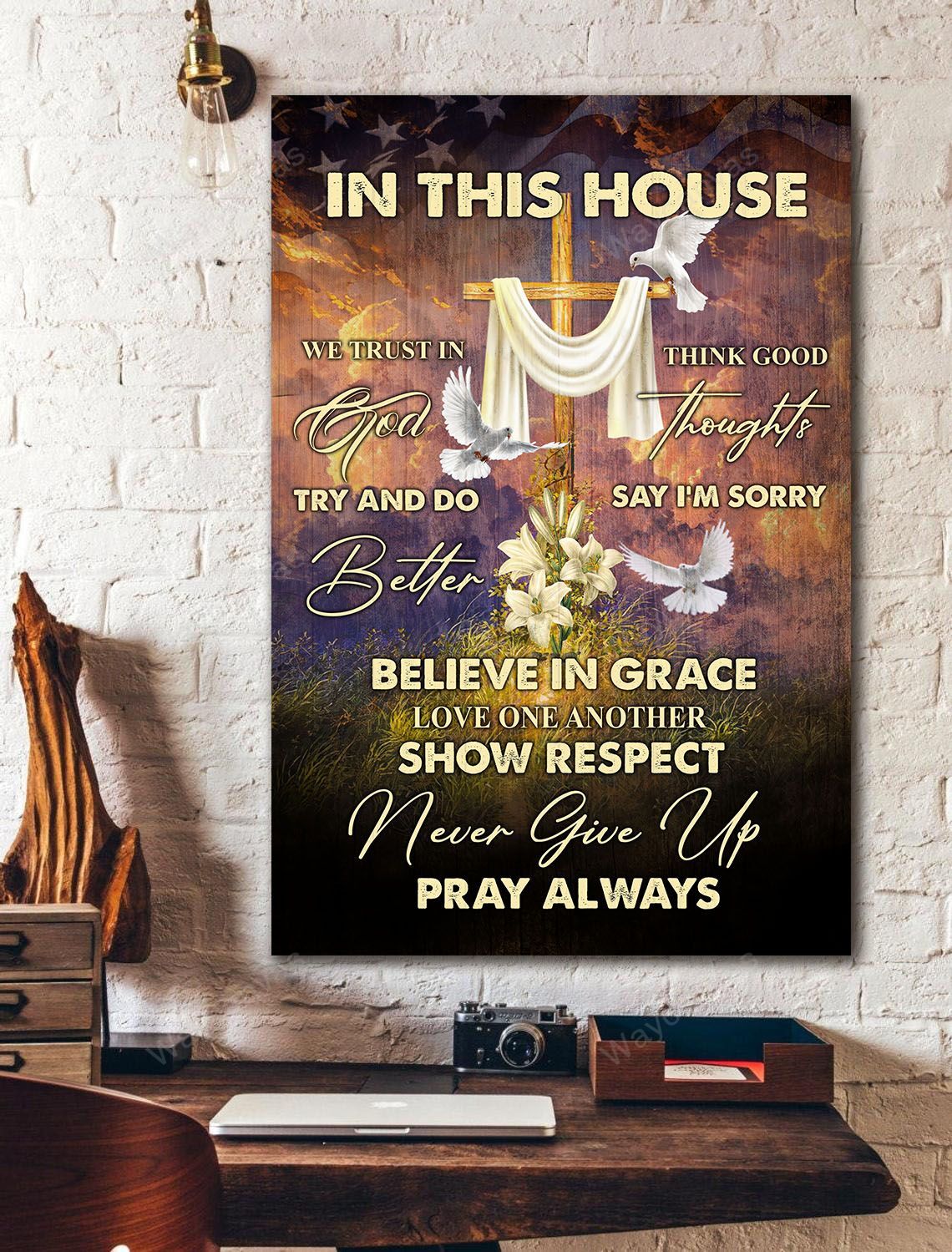 Wooden Cross, Lily Flower, Dove, Never give up Pray always - Jesus Portrait Canvas Prints, Wall Art