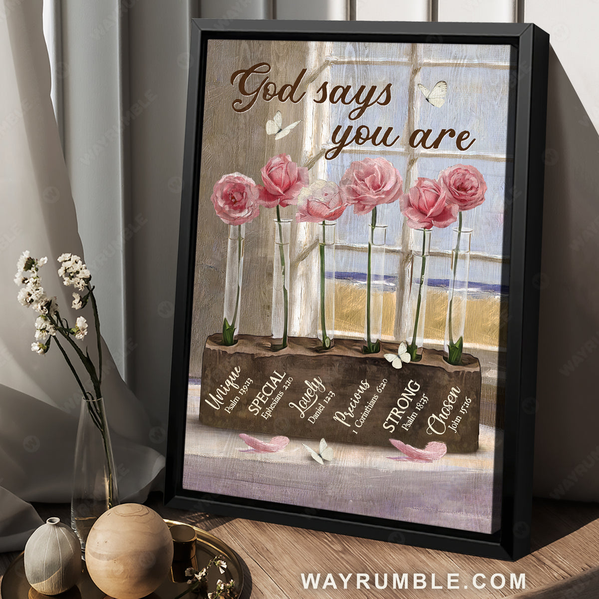 Stunning pink rose, Unique vase, White butterfly, God says you are unique - Jesus Portrait Canvas Prints, Home Decor Wall Art