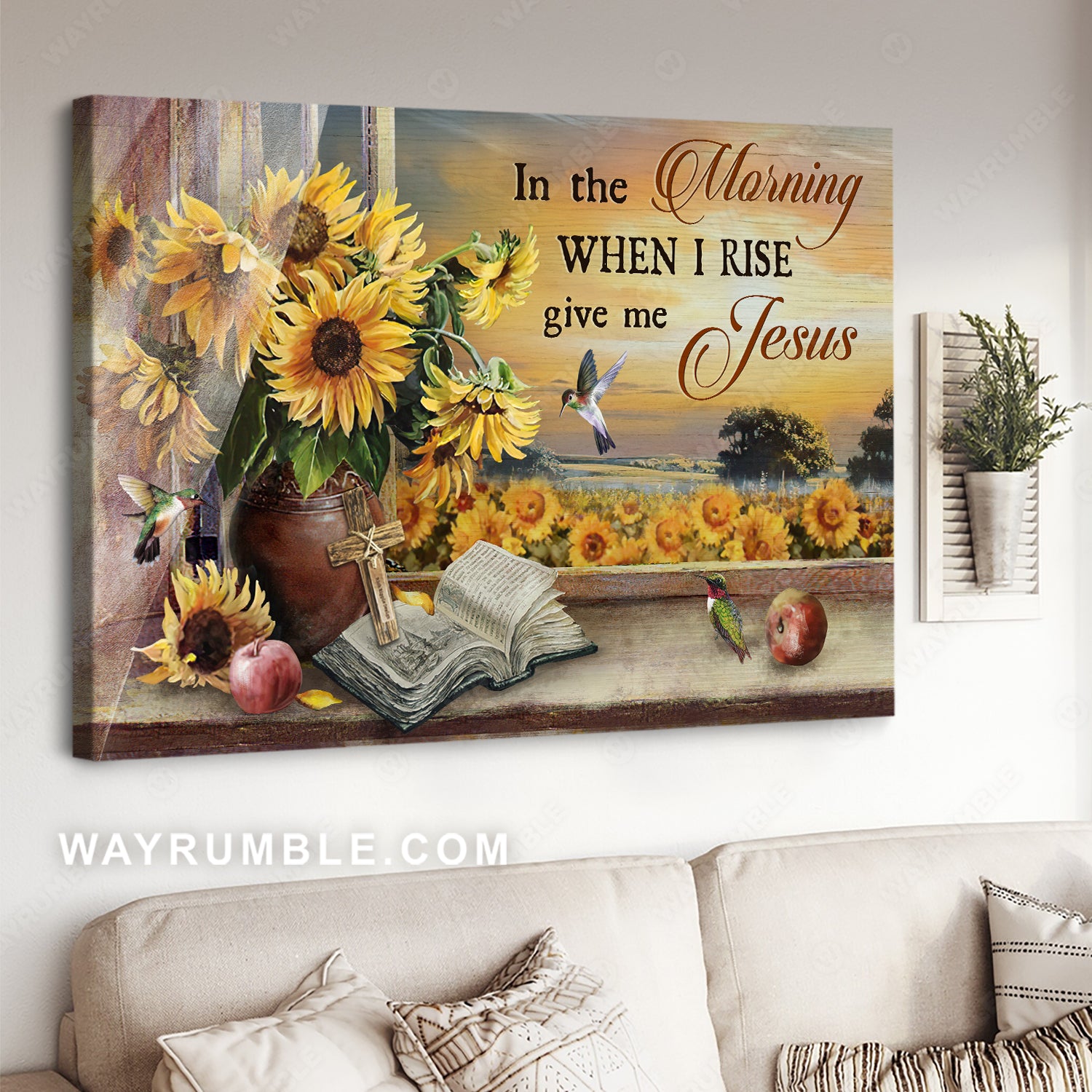 Pretty sunflower field, Sunset painting, Hummingbird, In the morning when I rise - Jesus Landscape Canvas Prints, Christian Wall Art
