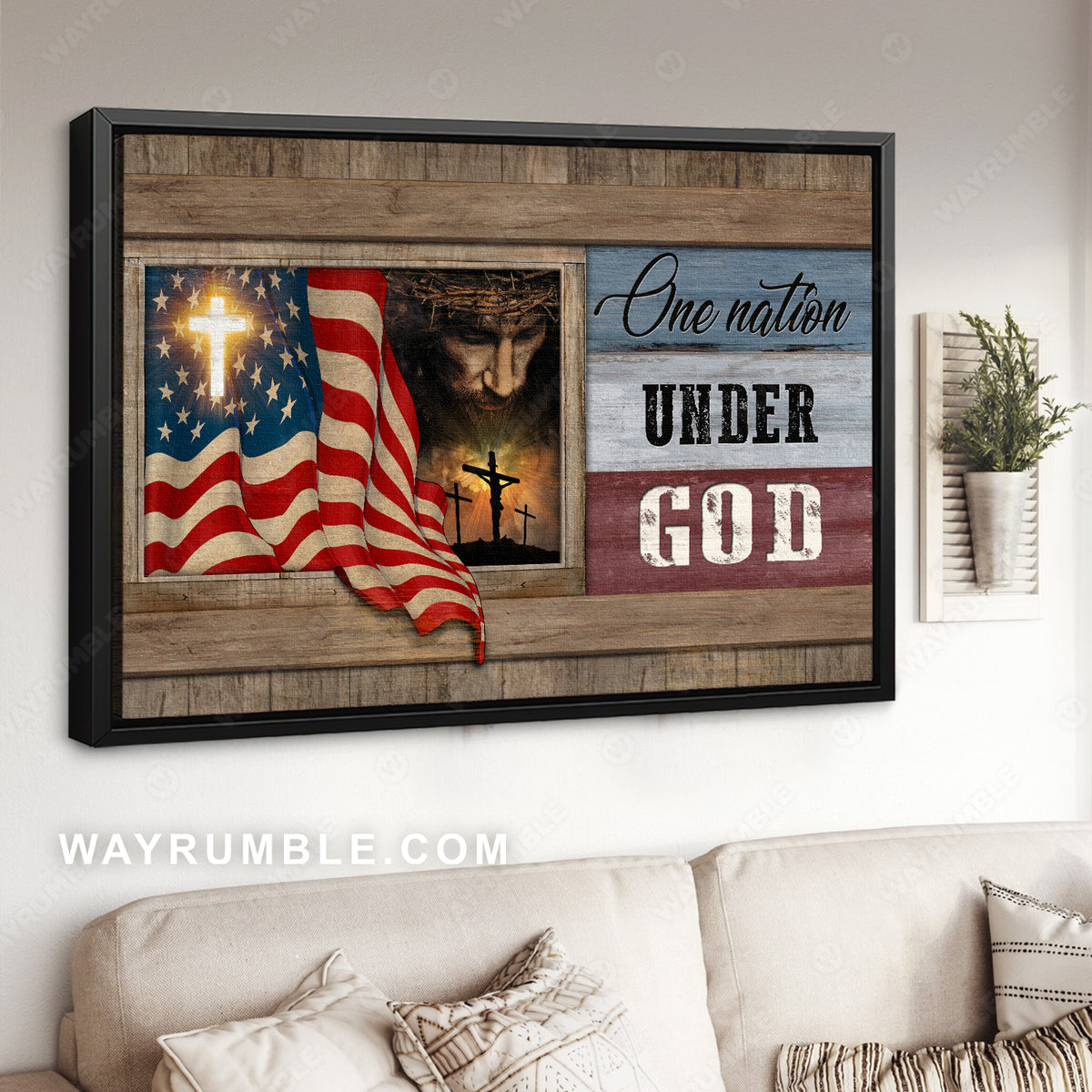 Beautiful US flag, Face of Jesus, Window painting, One nation under God - Jesus Landscape Canvas Prints, Christian Wall Art