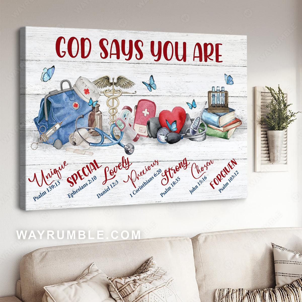 Nurses day, Red heart, Blue butterfly, God says you are unique - Jesus Landscape Canvas Prints, Christian Wall Art