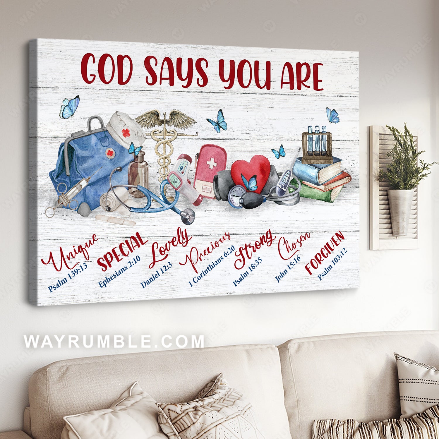 Nurses day, Red heart, Blue butterfly, God says you are unique - Jesus Landscape Canvas Prints, Christian Wall Art