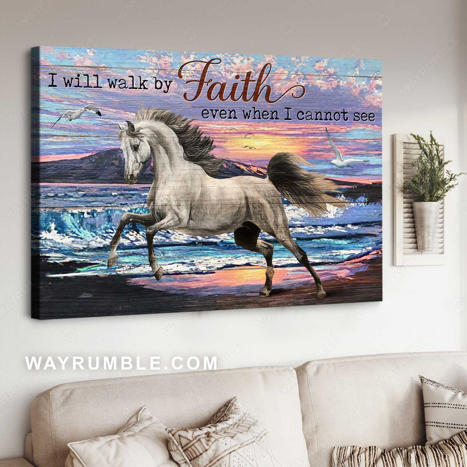Running horse, Colorful sky, Stunning ocean, I will walk by faith - Jesus Landscape Canvas Prints, Home Decor Wall Art