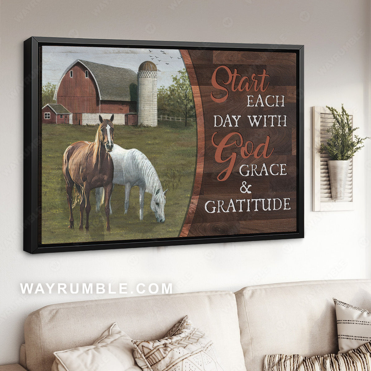 Green meadow land, Horses drawing, Start each day with God grace and gratitude - Jesus Landscape Canvas Prints, Christian Wall Art