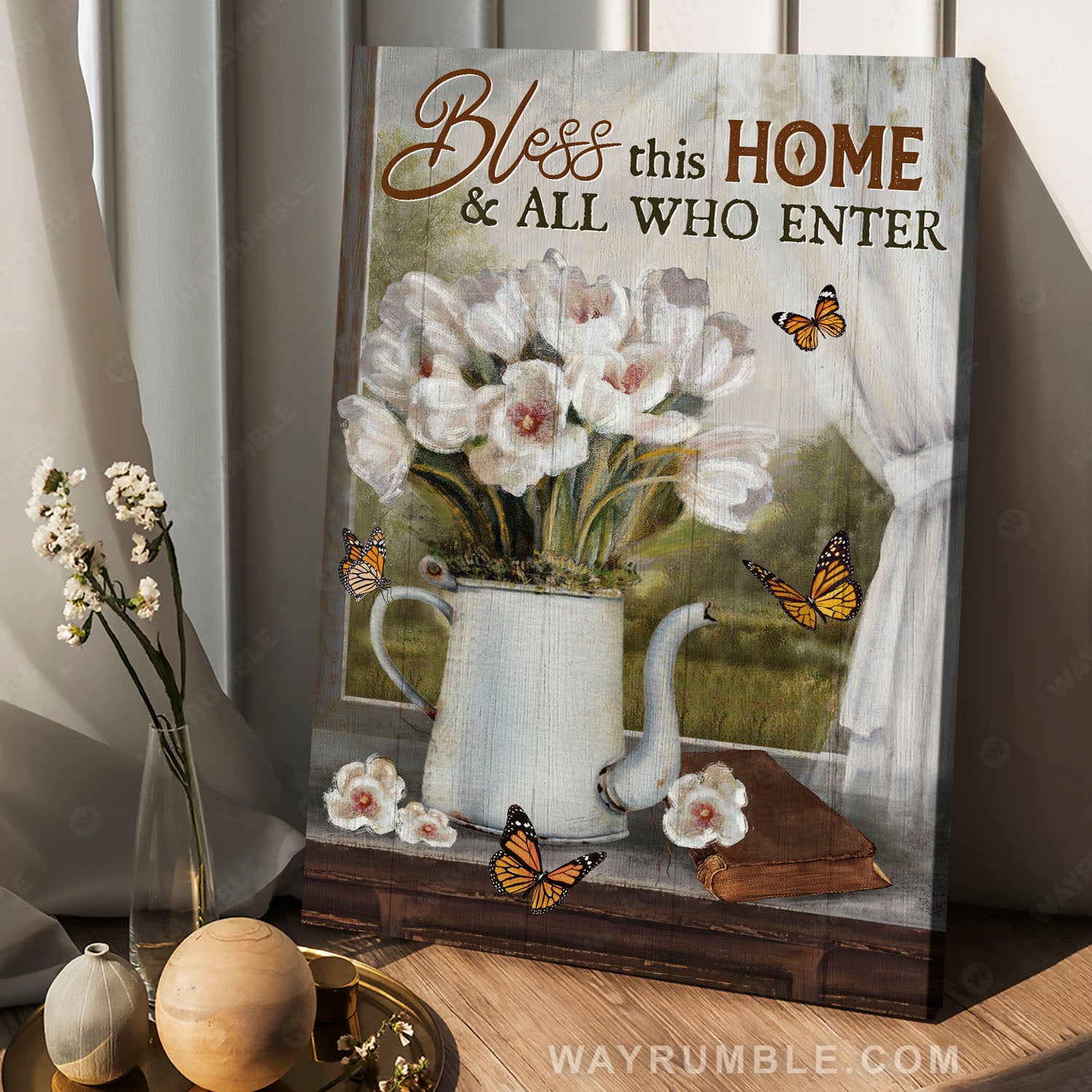 White tulip, Monarch butterfly, Vintage bible, Bless this home - Jesus Portrait Canvas Prints, Christian Wall Art