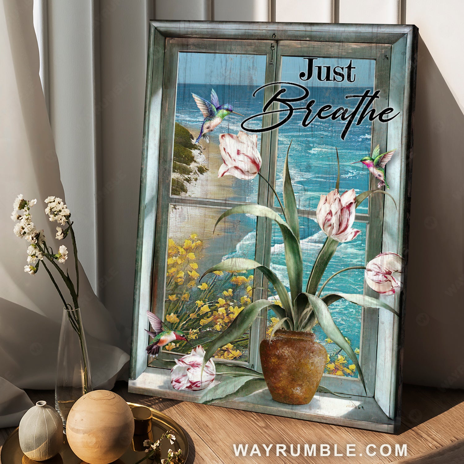 Beautiful flower vase, Blue ocean, Sunny day, Hummingbird, Just breathe - Jesus Portrait Canvas Prints, Christian Wall Art