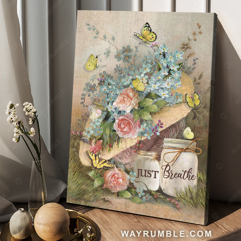 Pastel flower vase, Yellow butterfly, Just breathe - Jesus Portrait Canvas Prints, Christian Wall Art