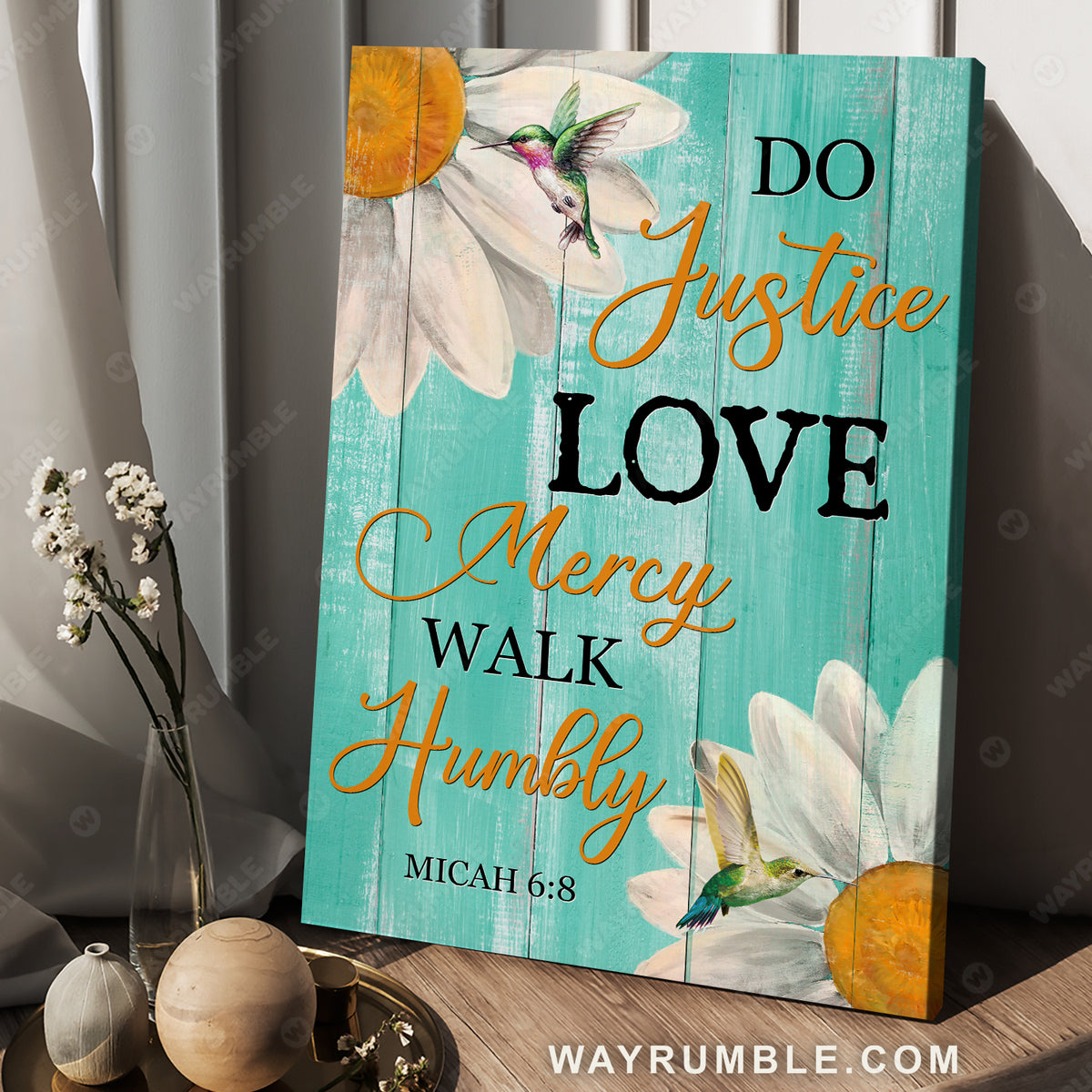 Watercolor daisy, Mint background, Do justice, Love mercy, Walk humbly - Jesus Portrait Canvas Prints, Christian Wall Art