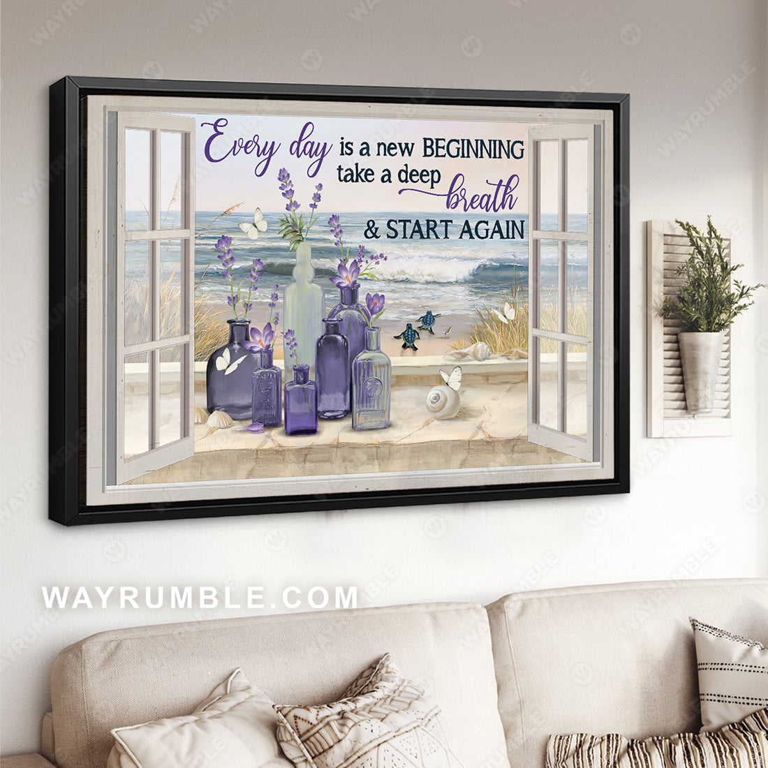 Violet flower, Beach painting, Turtle, Every day is a new beginning - Jesus Landscape Canvas Prints, Christian Wall Art