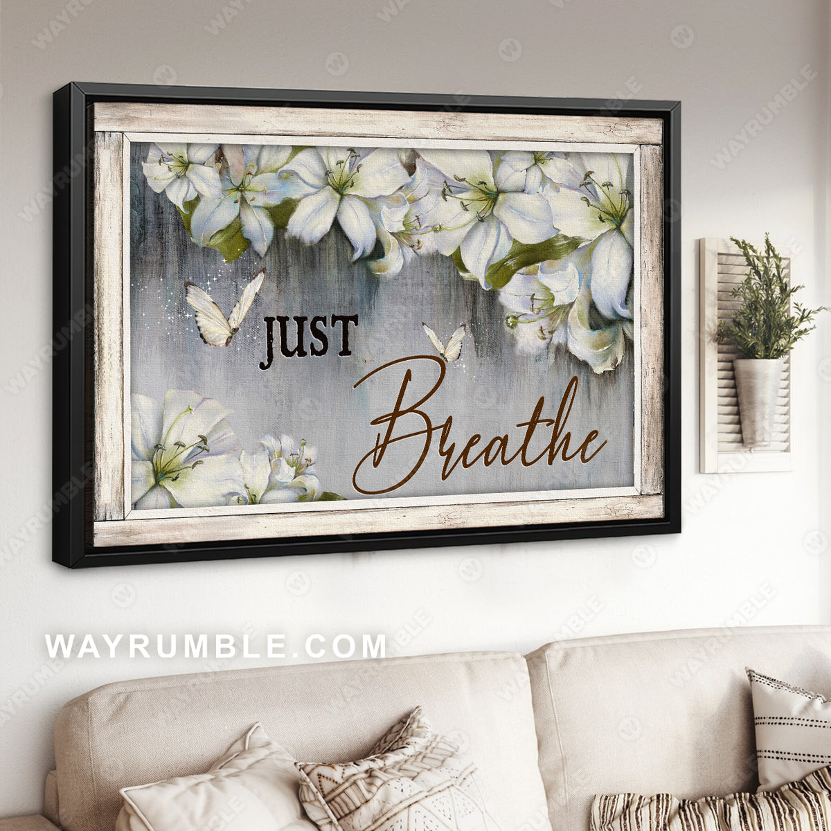 Lily flower frame, White butterfly, Vintage painting, Just breathe - Jesus Landscape Canvas Prints, Christian Wall Art