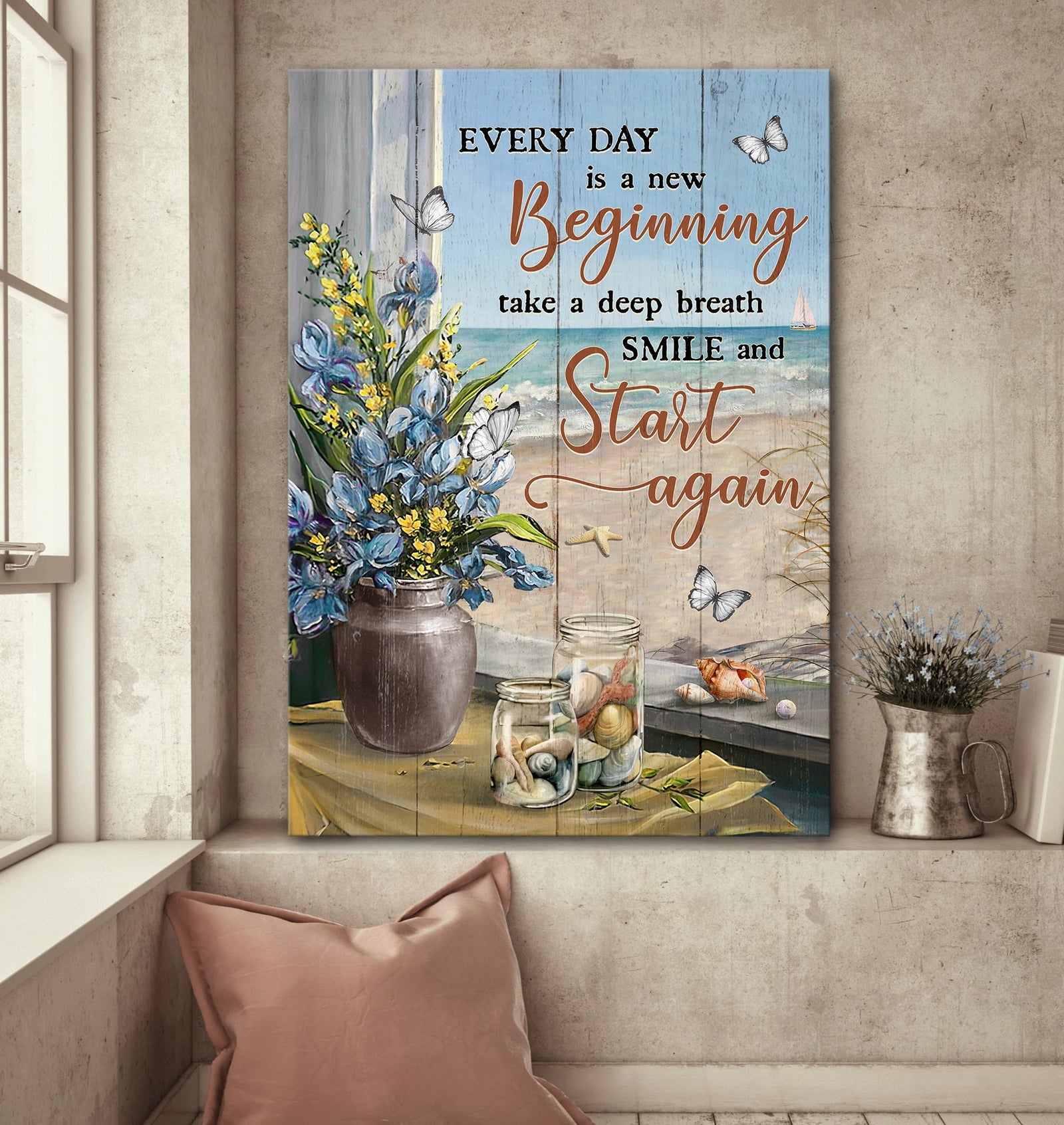 Seashell Jars, Flower vase, By the window, Butterfly, Beach, Every day is a new beginning - Jesus Portrait Canvas Prints, Wall Art