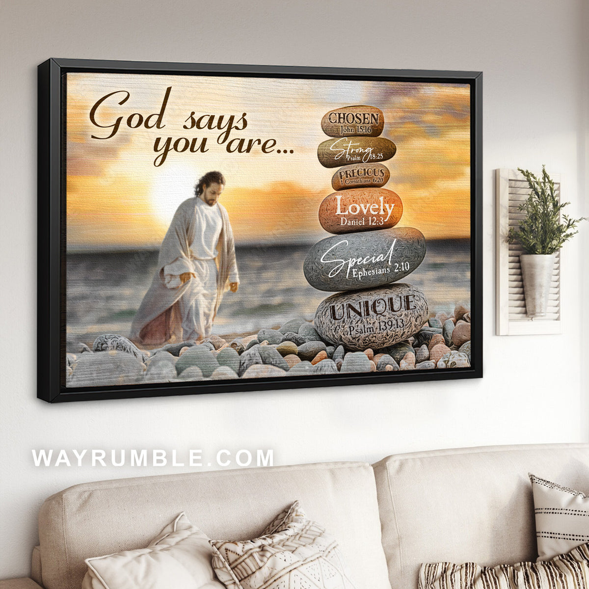 Walking with Jesus, Stone painting, Pretty sunset, God says you are unique - Jesus Landscape Canvas Prints, Home Decor Wall Art