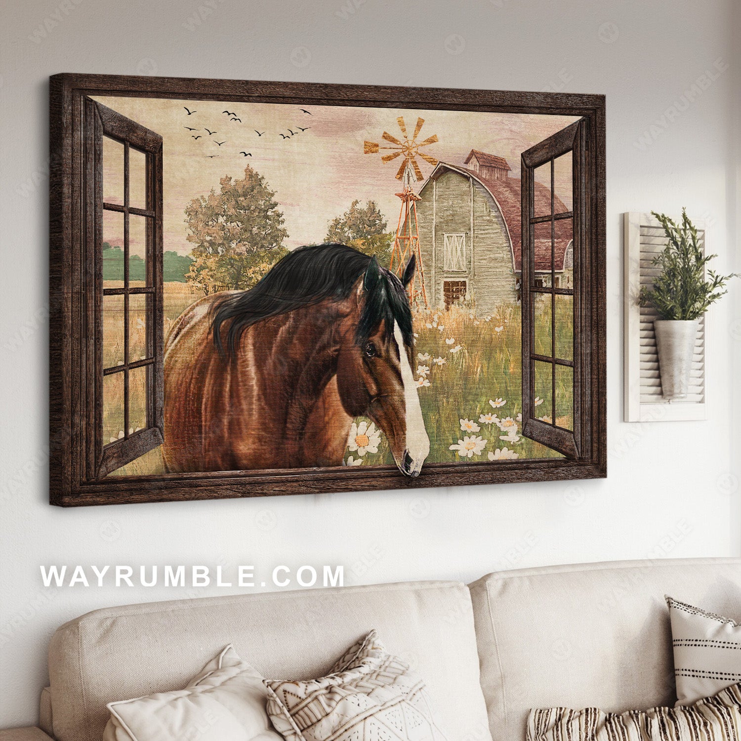 Dream horse, Countryside drawing, Daisy field, Green farm - Jesus Landscape Canvas Prints, Christian Wall Art
