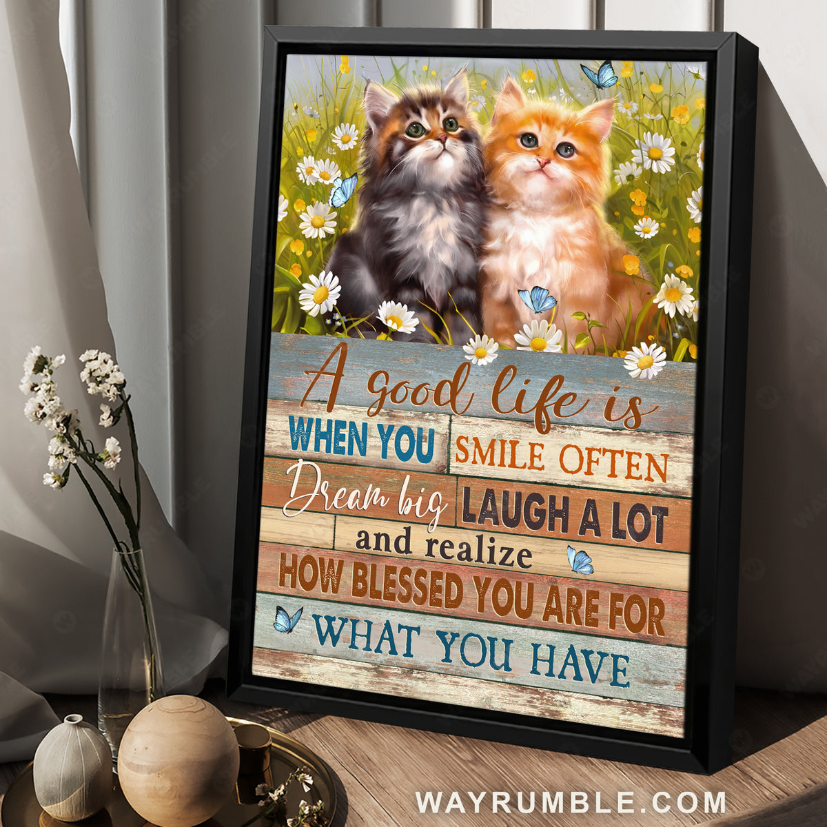 Pretty cat, Cat painting, Beautiful daisy field, A good life is when you smile often - Jesus Portrait Canvas Prints, Christian Wall Art