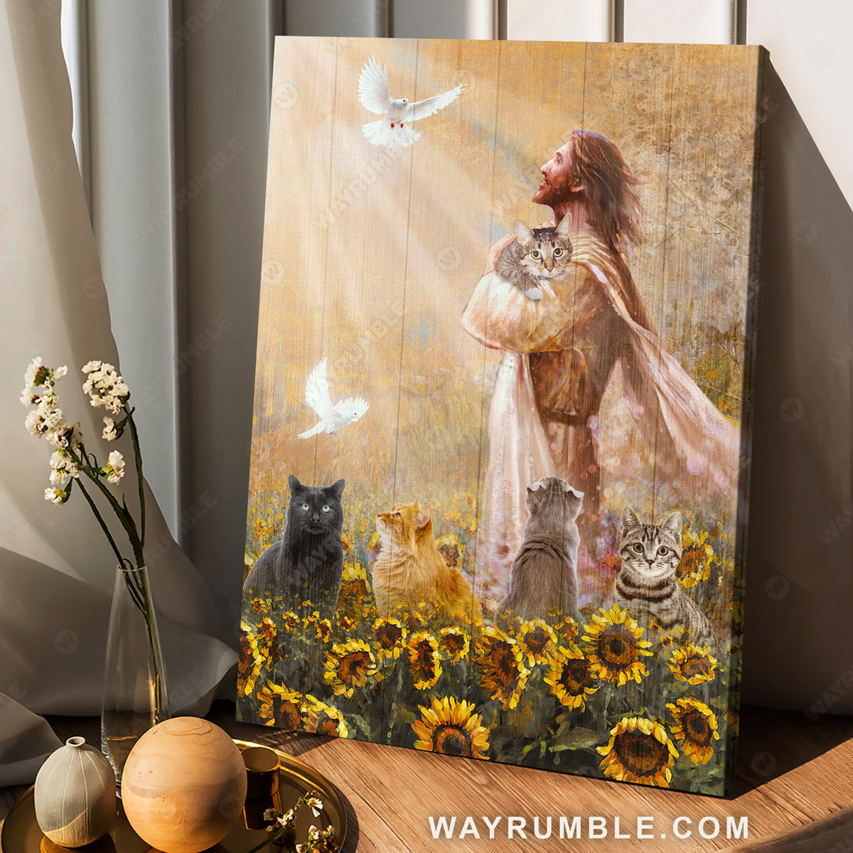 The real face of Jesus, Little cat, Sunflower garden, Dove drawing - Jesus Portrait Canvas Prints, Christian Wall Art