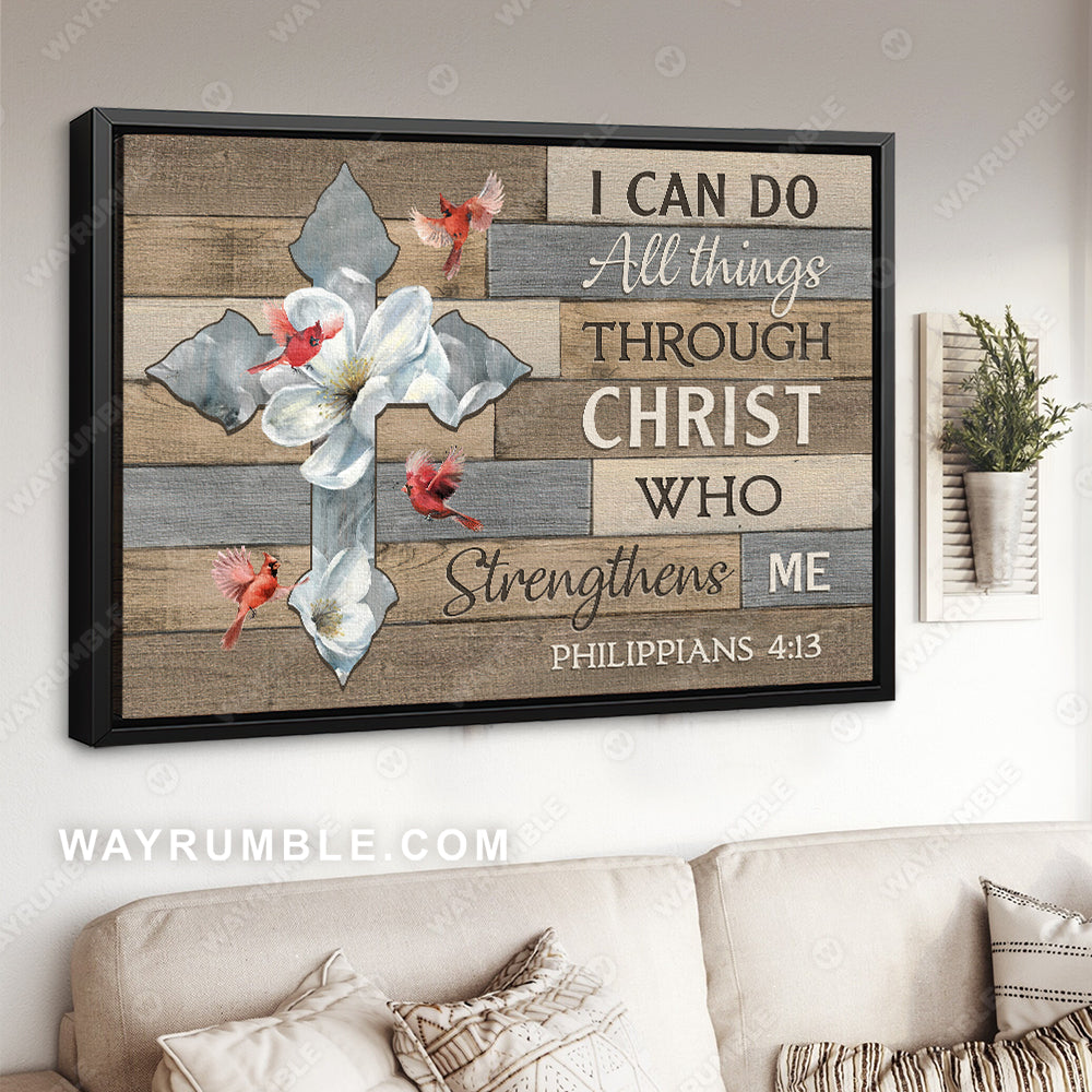 Jasmine flower, Cross symbol, Red cardinal, I can do all things - Jesus Landscape Canvas Prints, Christian Wall Art