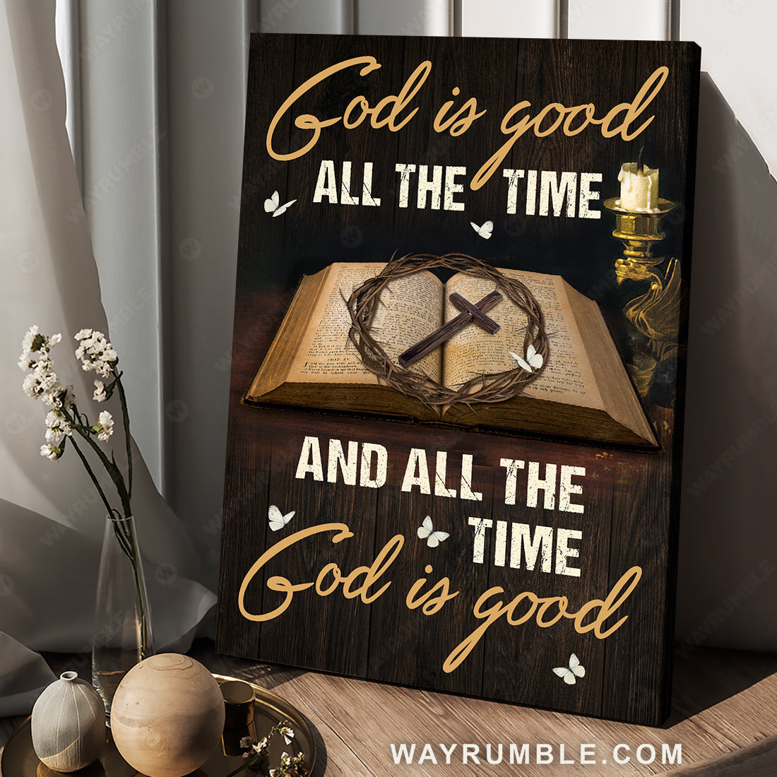 Antique bible, Crown of thorn painting, Cross, God is good all the time - Jesus Portrait Canvas Prints, Christian Wall Art