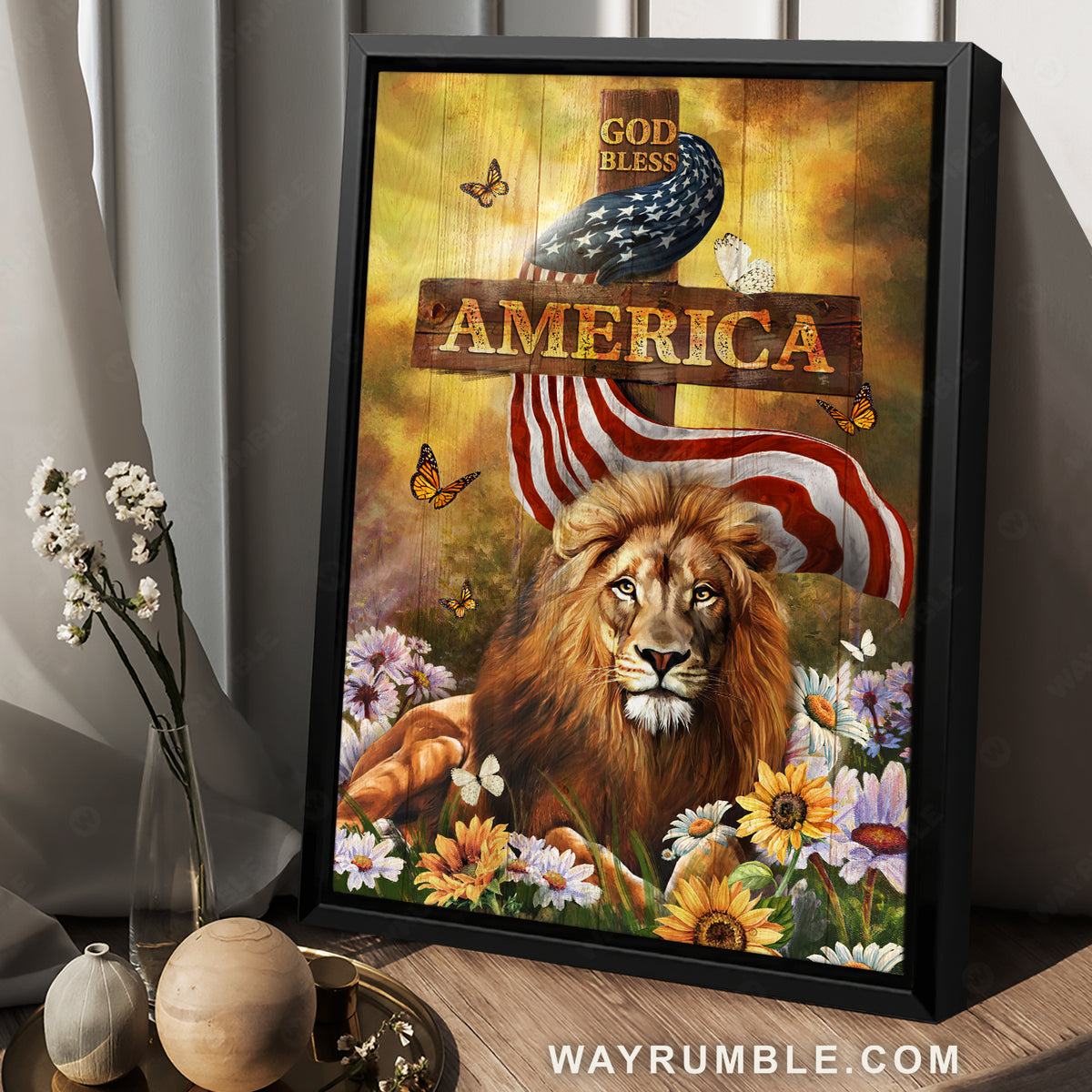 Beautiful flower field, Lion of Judah, Halo, God bless America - Jesus Portrait Canvas Prints, Christian Wall Art