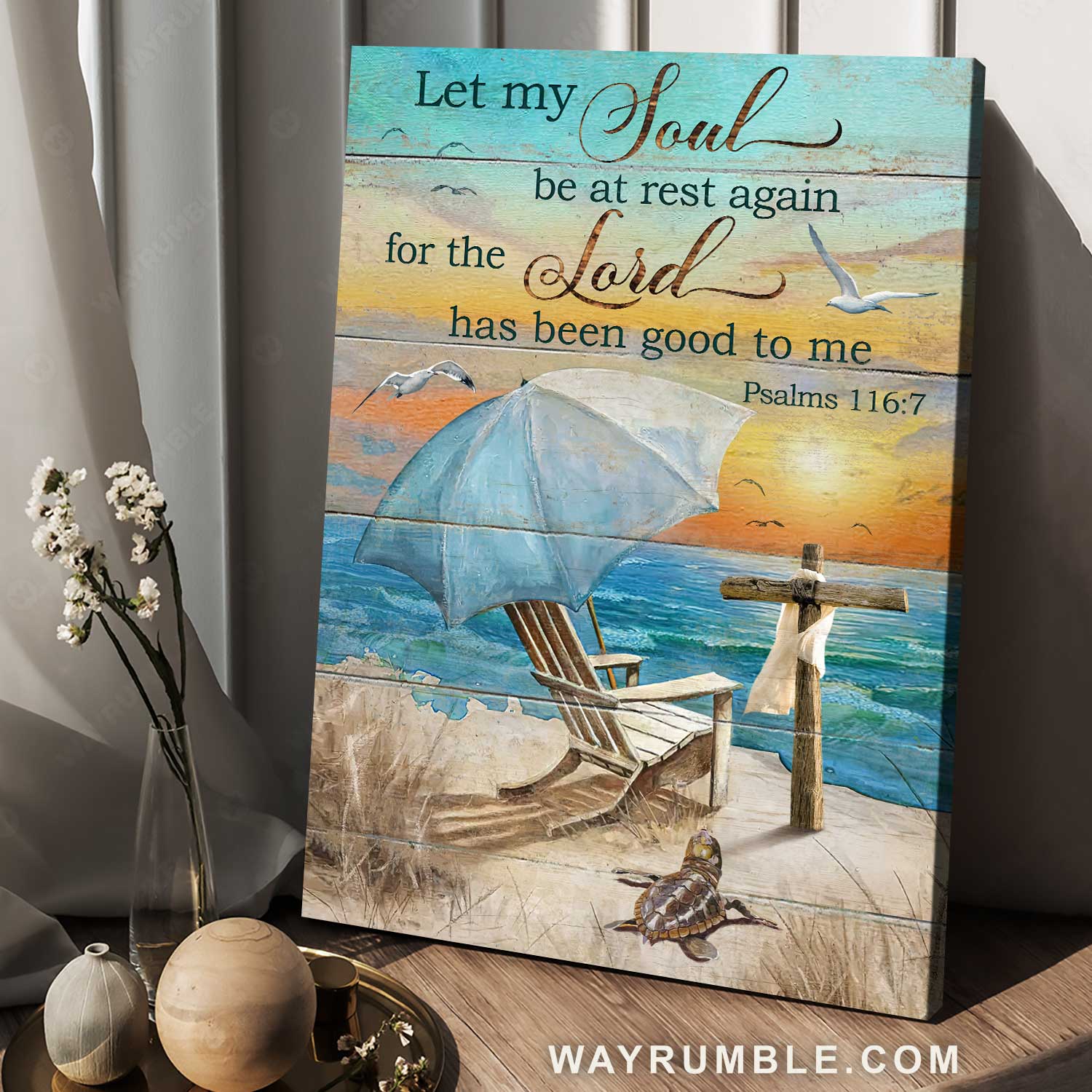 Blue ocean, Colorful sunset, Wooden cross, Let my soul be at rest again - Jesus Portrait Canvas Prints, Home Decor Wall Art