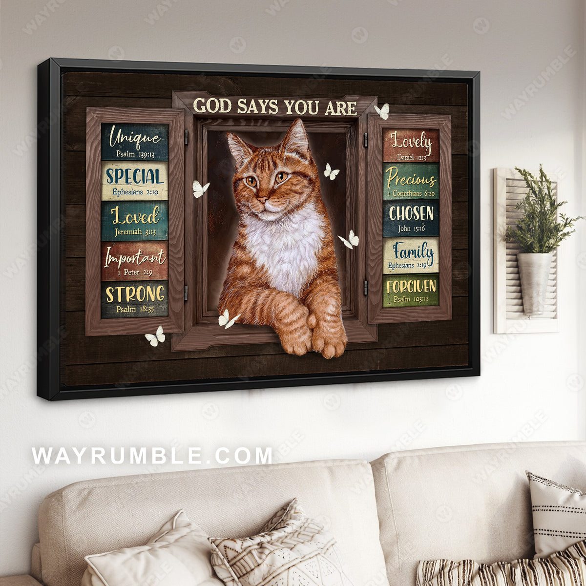 Beautiful cat, White butterfly, God says you are unique - Jesus Landscape Canvas Prints, Home Decor Wall Art
