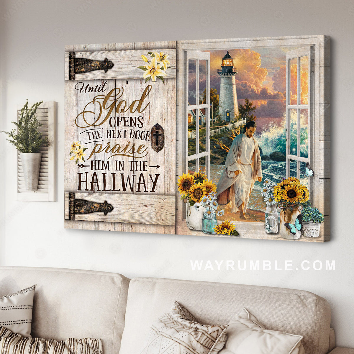Amazing ocean, Jesus walking on water, Sunflower, Until God opens the door - Jesus Landscape Canvas Prints, Home Decor Wall Art