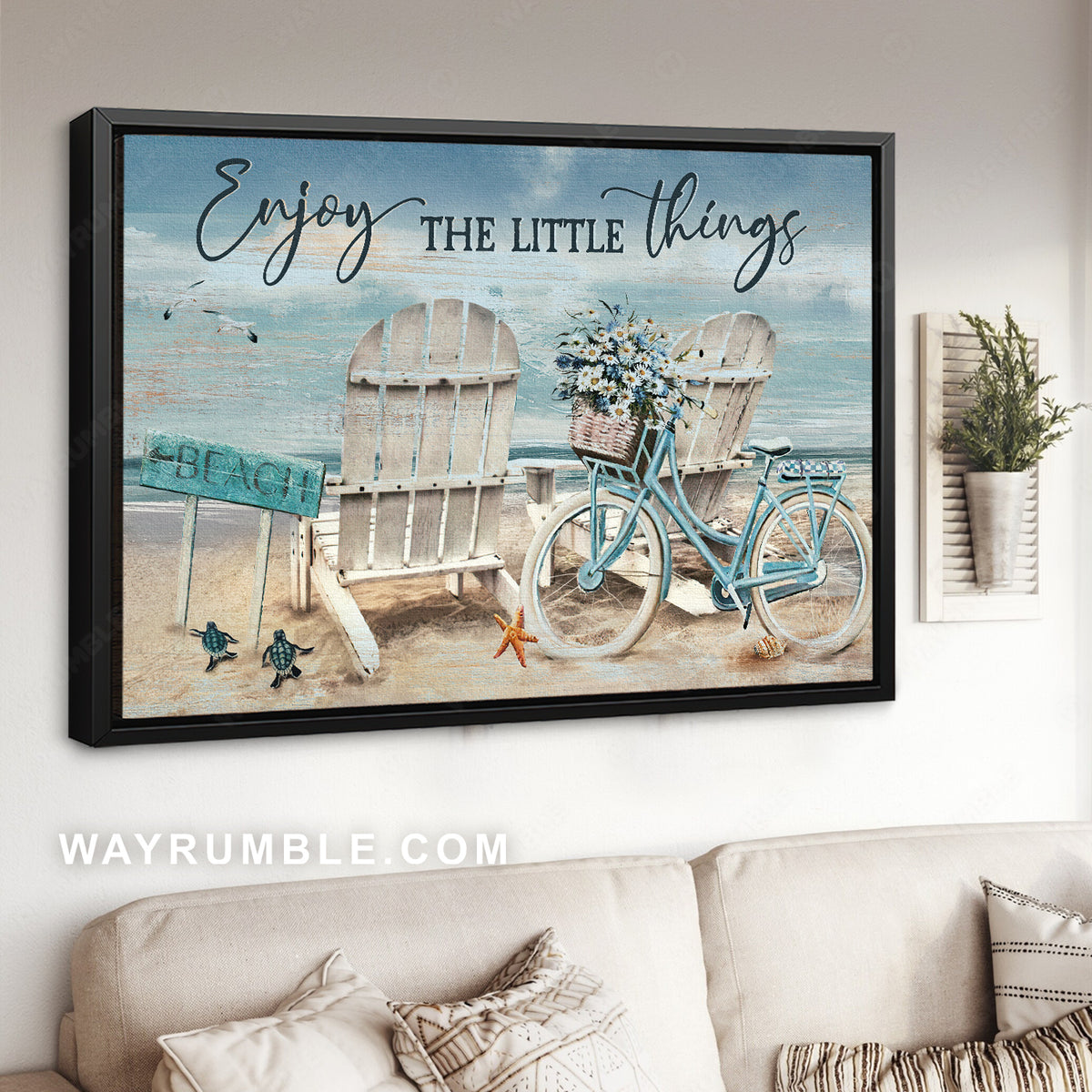 Antique chair, Blue bicycle, Beautiful ocean, Enjoy the little things - Jesus Landscape Canvas Prints, Christian Wall Art