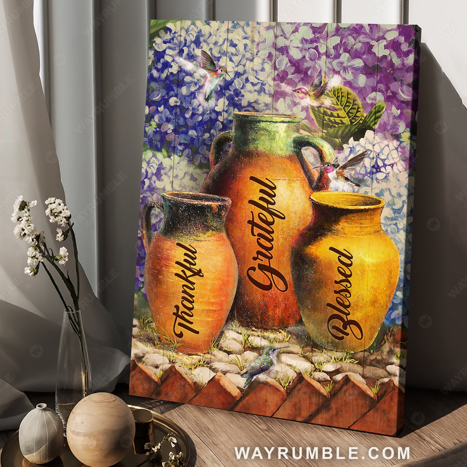 Still life painting, Ceramic vase, Hummingbird, Thankful, Grateful, Blessed - Jesus Portrait Canvas Prints, Christian Wall Art