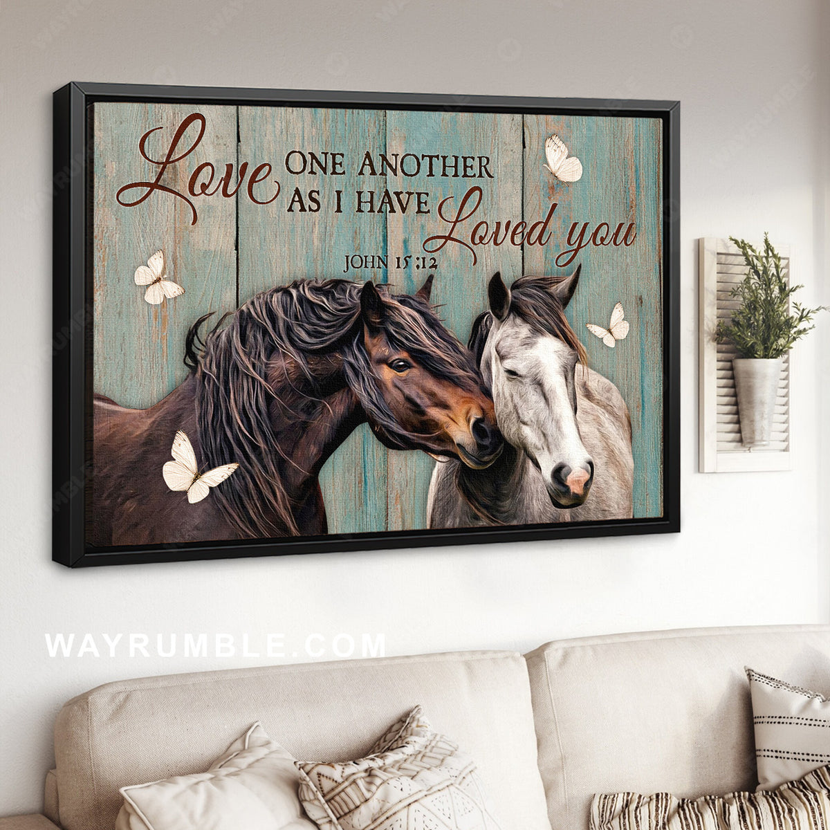 Lovely horse, Mint background, Love one another as I have loved you - Jesus Landscape Canvas Prints, Home Decor Wall Art