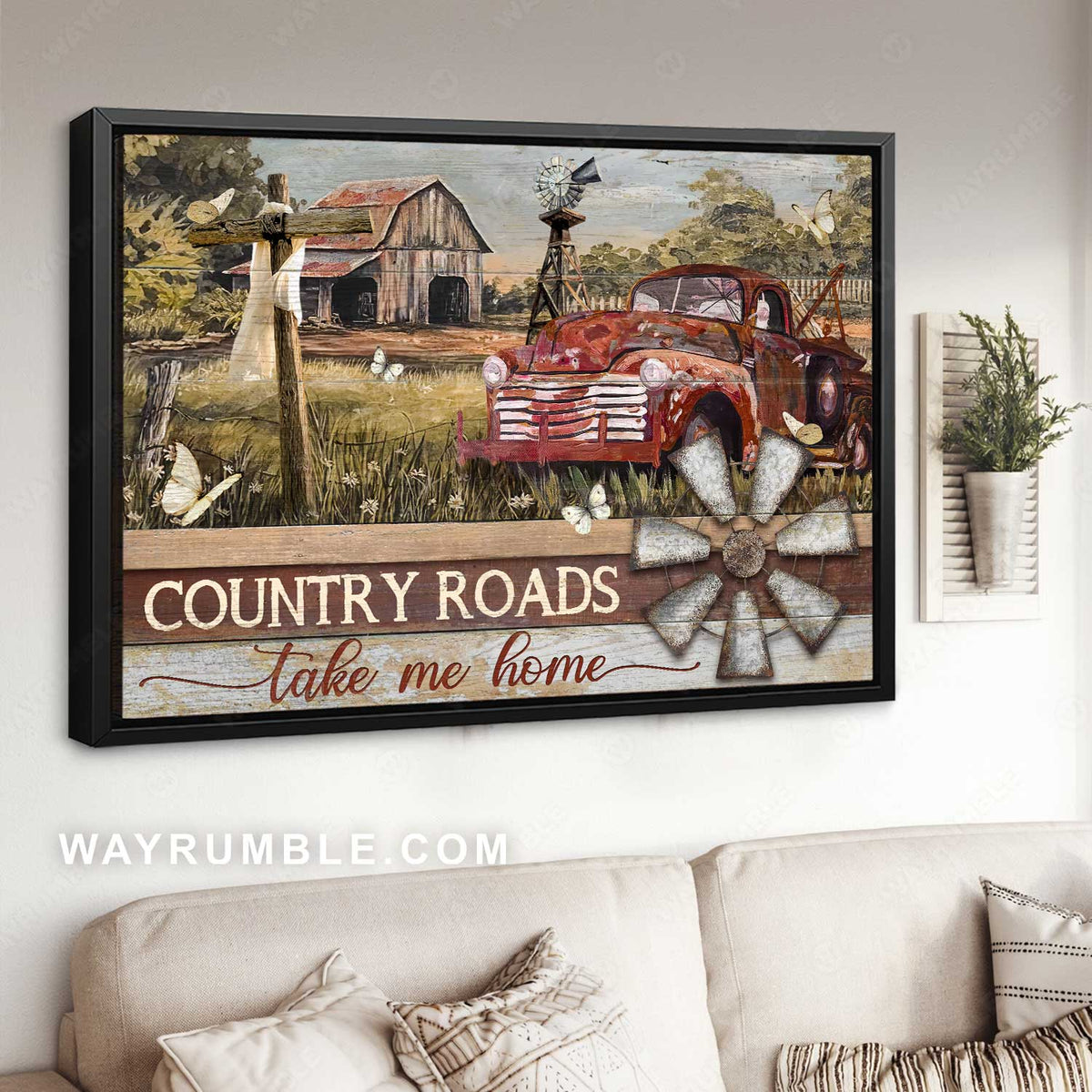 Old ladybug car, Wooden cross, Rice field, Country roads take me home - Jesus Landscape Canvas Prints, Christian Wall Art