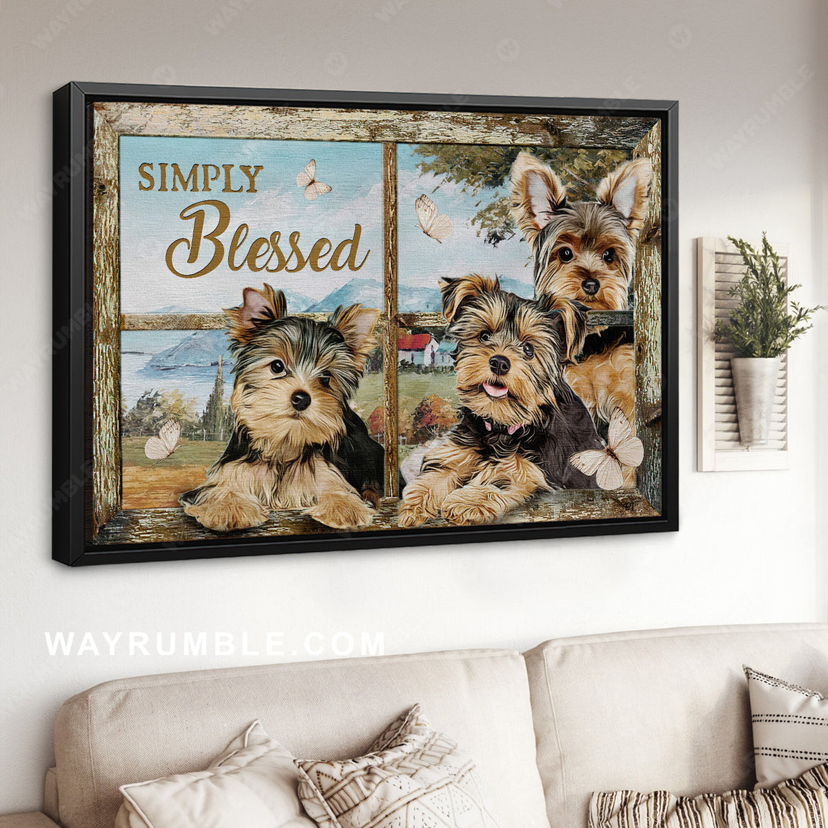Watercolor Yorkshire Terrier, White butterfly, Simply blessed - Jesus Landscape Canvas Prints, Christian Wall Art