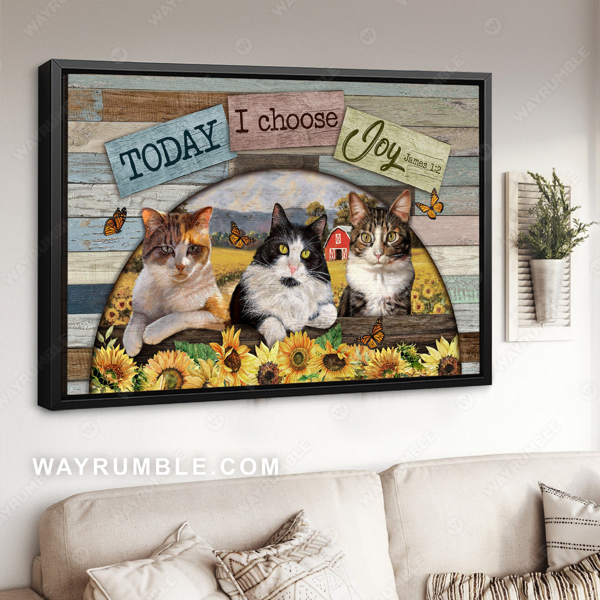 Cute cat drawing, Sunflower field, Orange butterfly, Today I choose joy - Jesus Landscape Canvas Prints, Christian Wall Art