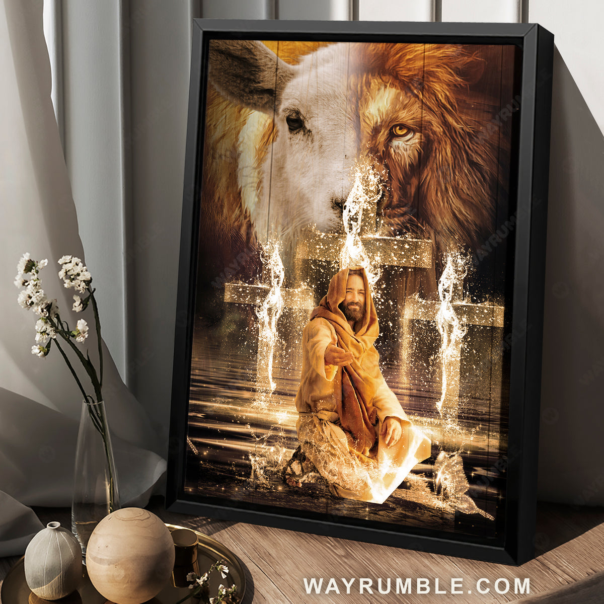 Stunning cross, Big lion, Amazing lamb, Beautiful Jesus painting - Jesus Portrait Canvas Prints, Home Decor Wall Art