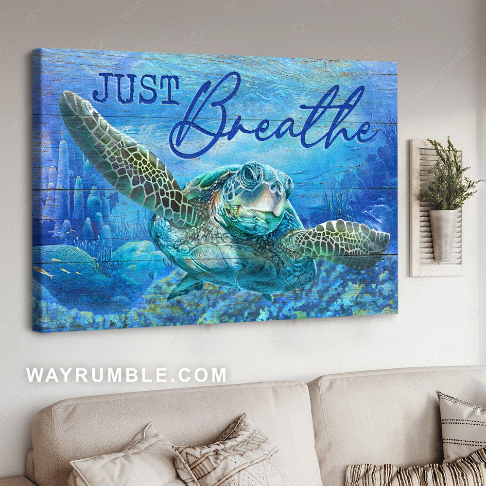Old turtle, Deep ocean painting, Blue background, Just breathe - Jesus Landscape Canvas Prints, Christian Wall Art