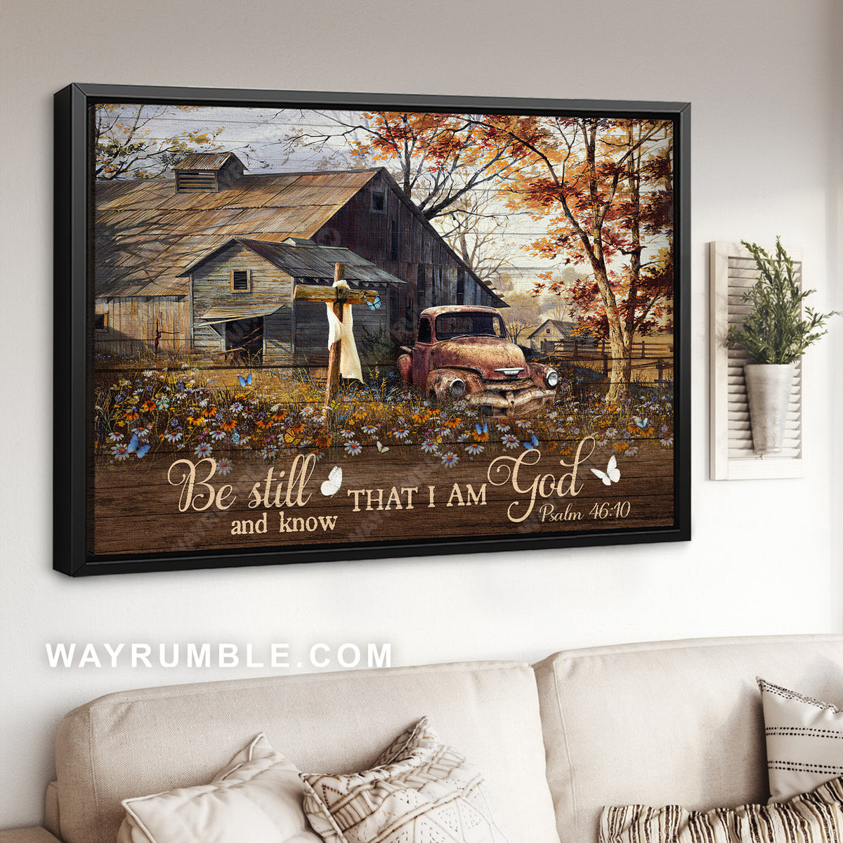 Wooden house, Antique ladybug car, Daisy field, Be still and know that I am God - Jesus Landscape Canvas Prints, Christian Wall Art