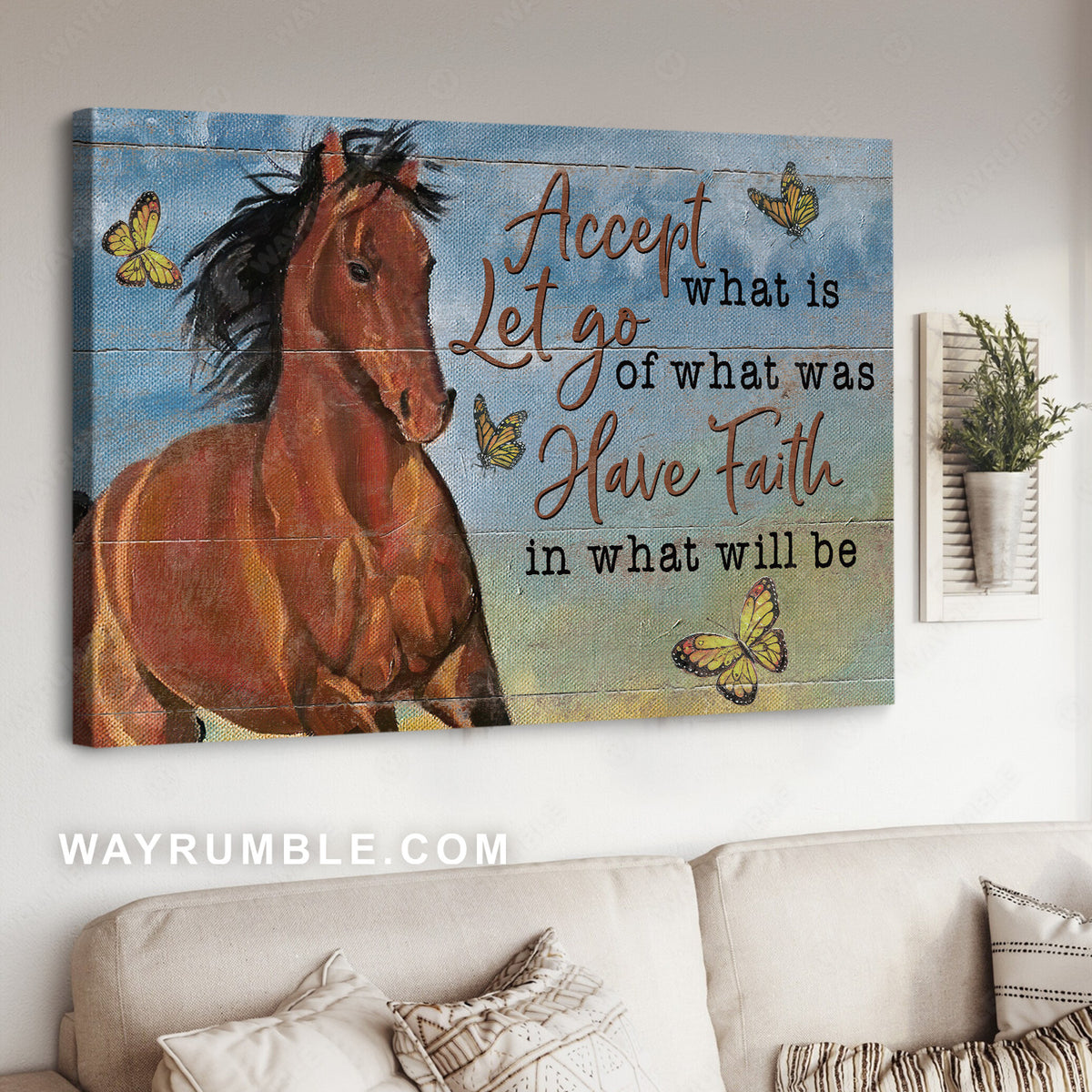 Amazing horse painting, Yellow butterfly, Accept what is let go - Jesus Landscape Canvas Prints, Christian Wall Art
