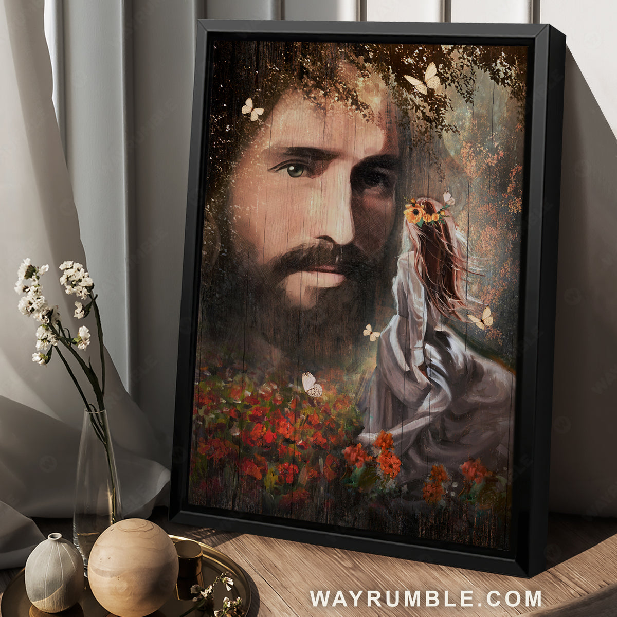 The real face of Jesus, Pretty girl, Red flower garden, Flower wreath - Jesus Portrait Canvas Prints, Christian Wall Art