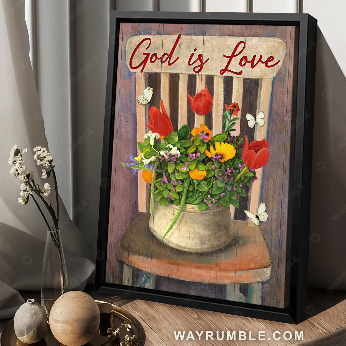 Red tulip drawing, Beautiful flower, Butterfly painting, Wooden chair, God is love - Jesus Portrait Canvas Prints, Christian Wall Art