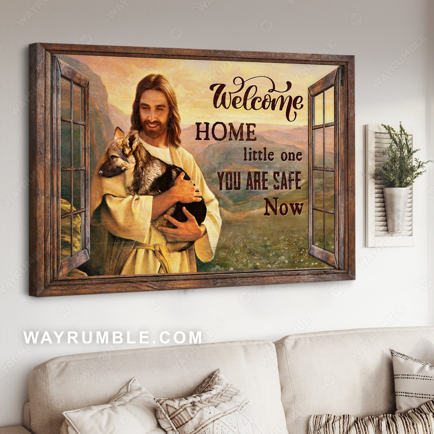 Safe in the arms of Jesus, German Shepherd dog, Welcome home - Jesus Landscape Canvas Prints, Christian Wall Art