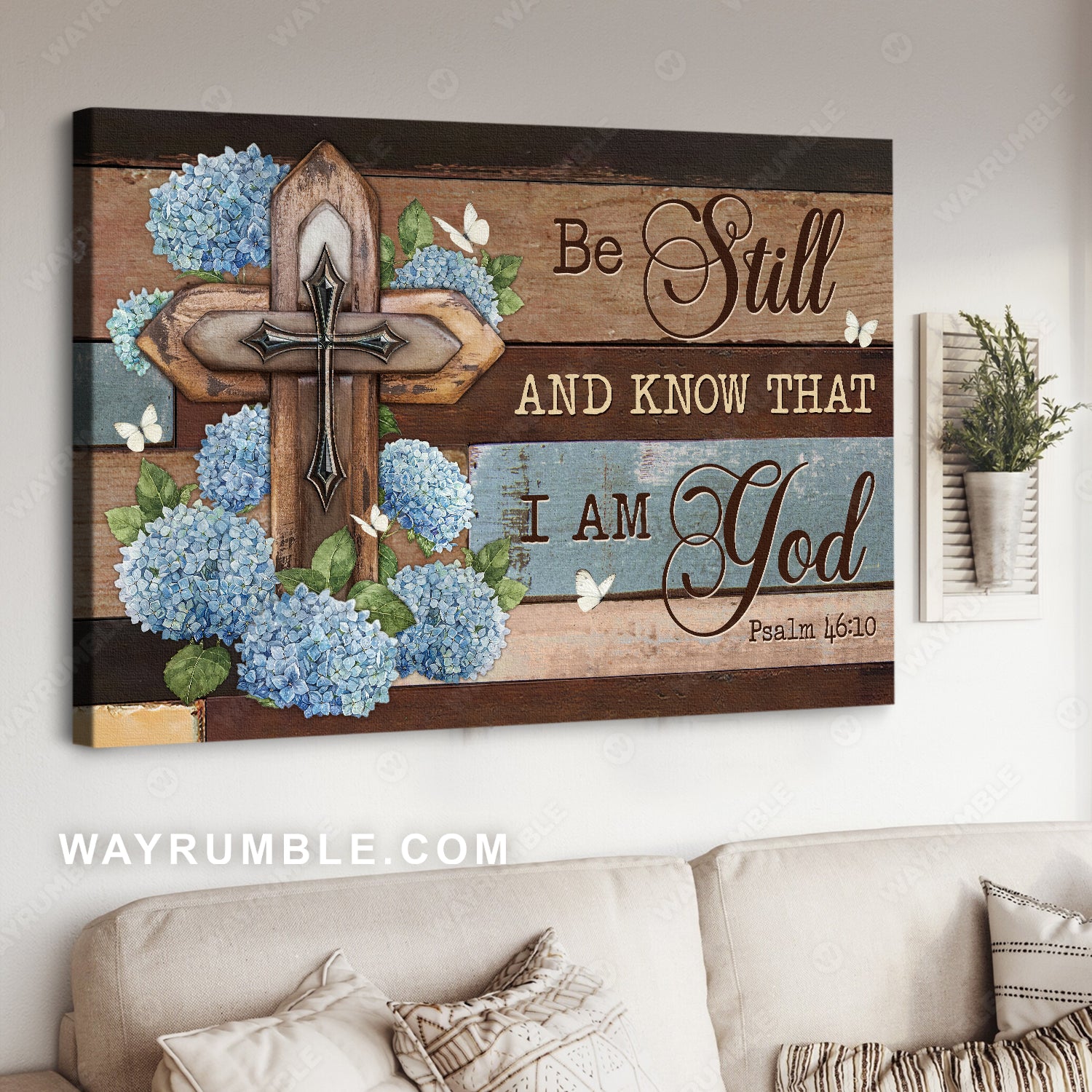Beautiful hydrangea painting, Pretty cross, Be still and know that I am God - Jesus Landscape Canvas Prints, Home Decor Wall Art