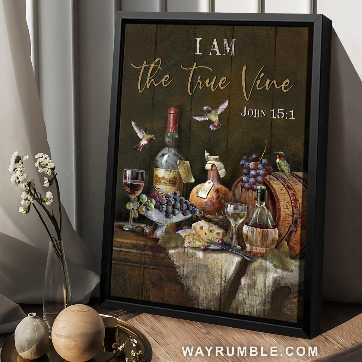 Red wine drawing, Colorful hummingbird, I am the true vine - Jesus Portrait Canvas Prints, Christian Wall Art