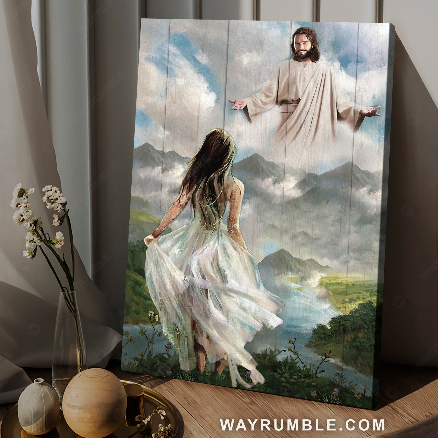 Pretty girl, White dress, The world in his arm, Walking with Jesus - Jesus Portrait Canvas Prints, Christian Wall Art