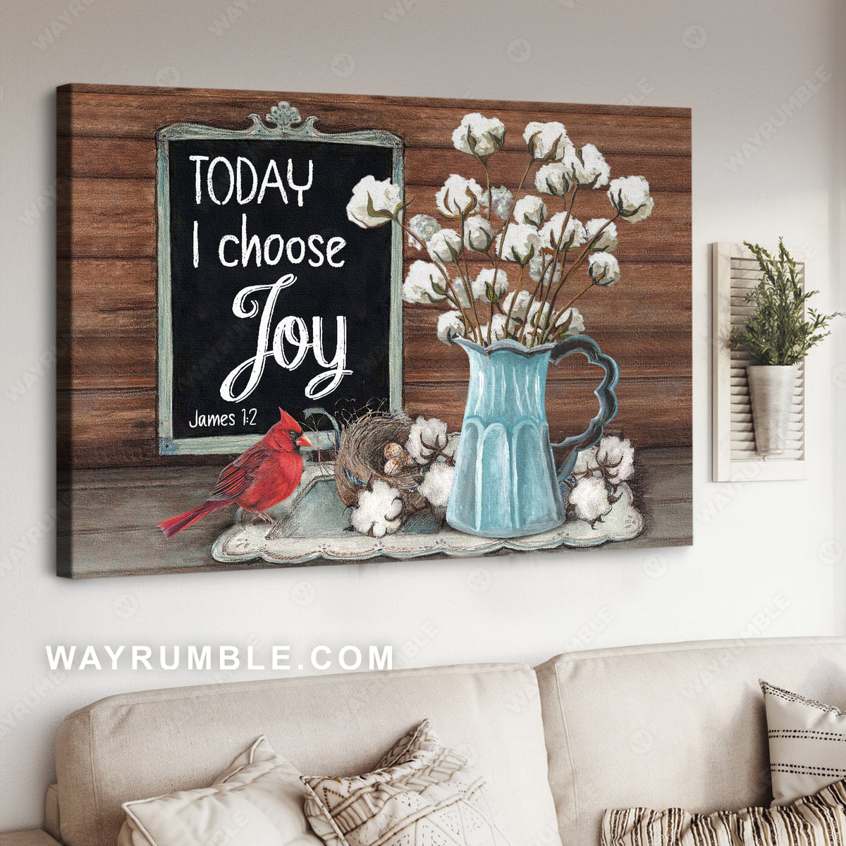 Pretty cotton flower, Red cardinal, Today I choose joy - Jesus Landscape Canvas Prints, Home Decor Wall Art